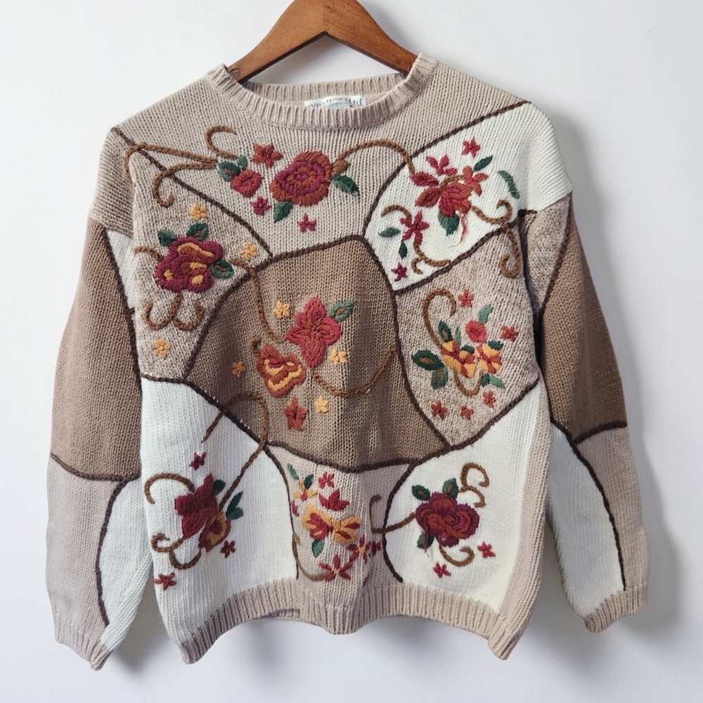 Vintage Wesport Floral Knit Sweater Womens S Mixed Media Crewneck Tan Cottage
